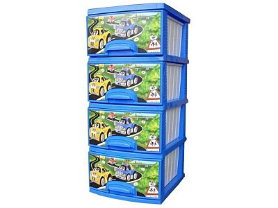 Комод 4-х ярусн. с рис.-"Машинки" темно-голубой